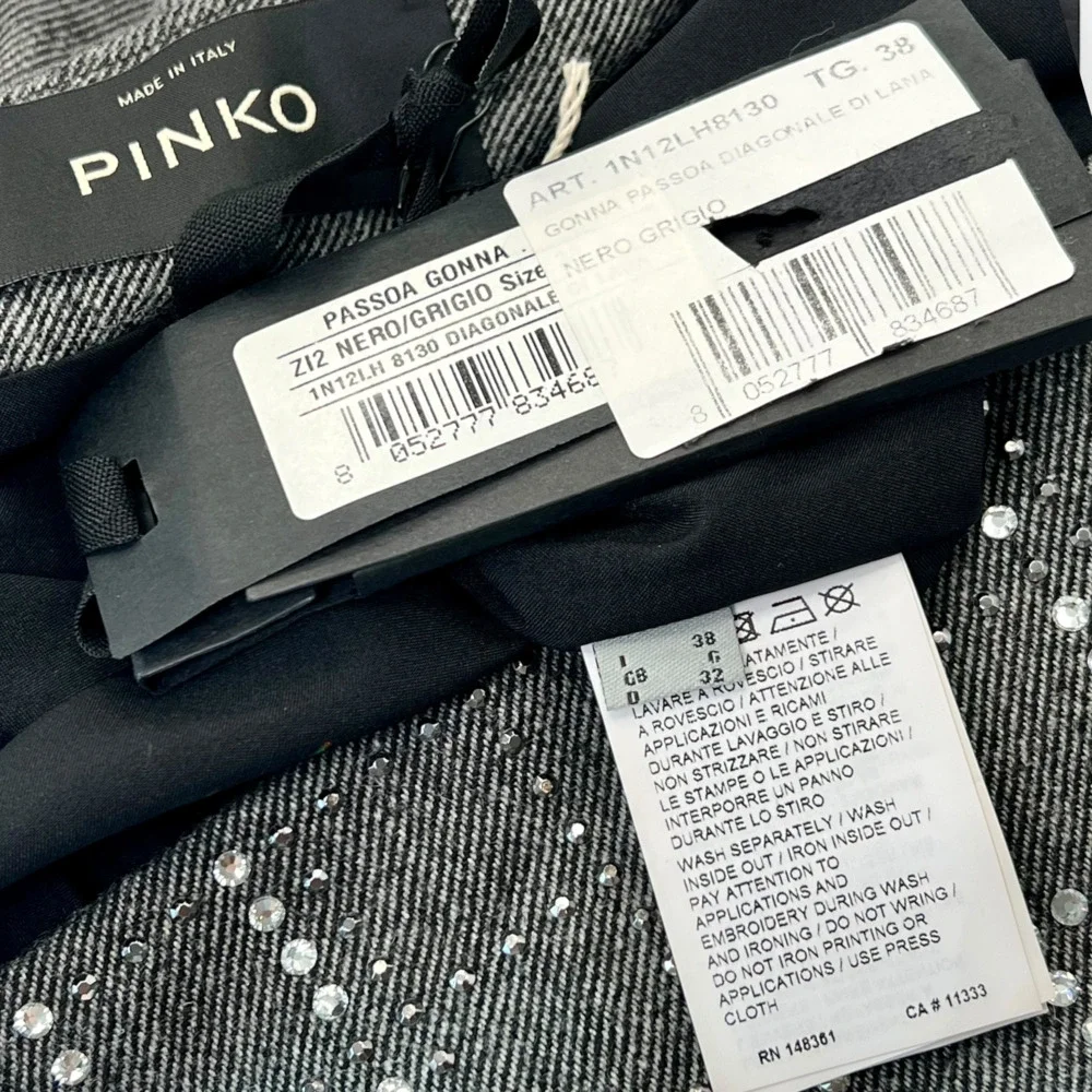 Pinko Embellished Mini Skirt Gray Black Viscose Rhinestone IT 38 US 2 Small NWT